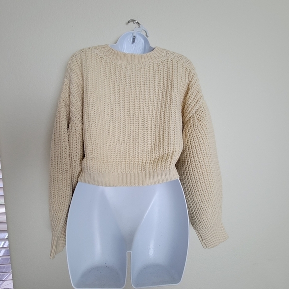 Topshop Cream Pointelle Knit Sweater Small Balloon Sleeve Chunky Pullover NWT - Picture 6 of 13